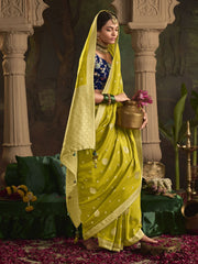 Yellow And Blue Silk Traditional Saree