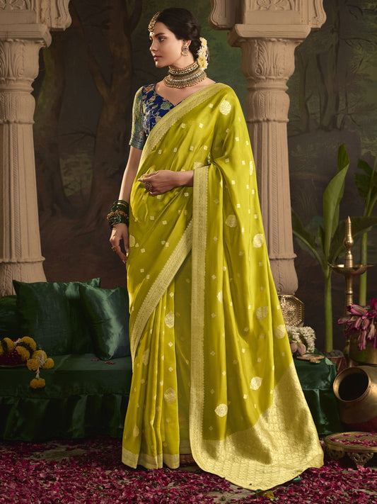 Yellow And Blue Silk Traditional Saree