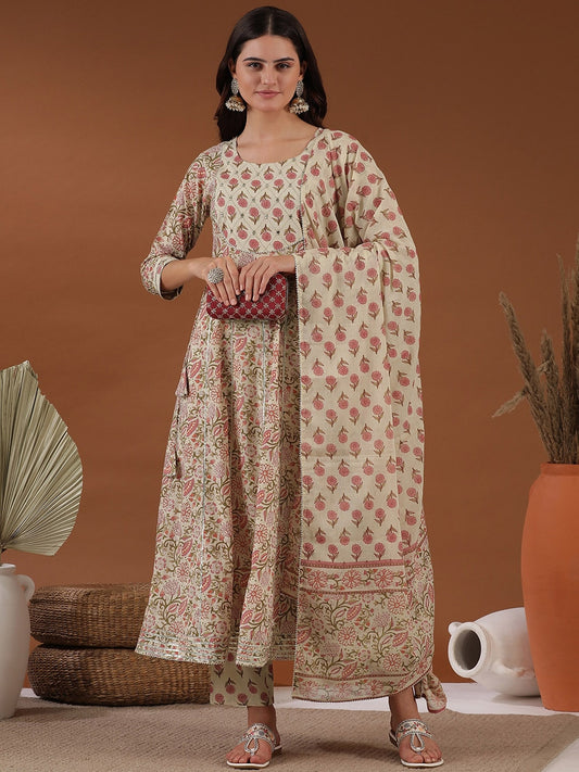 Beige Floral Printed Empire Gotta Patti Anarkali Kurta with Trousers & With Dupatta