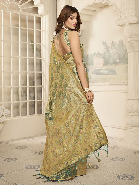 Gold-Toned And Green Woven Design Zari Saree