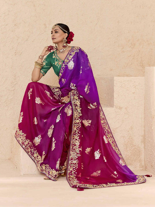 Purple and Green Fancy Fabric Embroidred Designer Saree