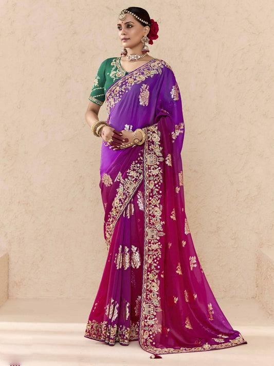 Purple and Green Fancy Fabric Embroidred Designer Saree