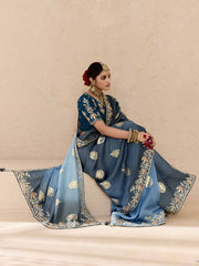 Sky Blue Fancy Fabric Embroidred Designer Saree