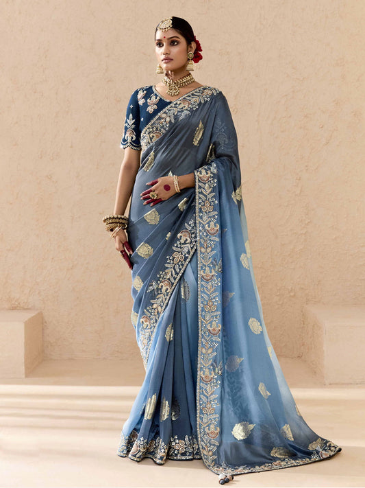 Sky Blue Fancy Fabric Embroidred Designer Saree