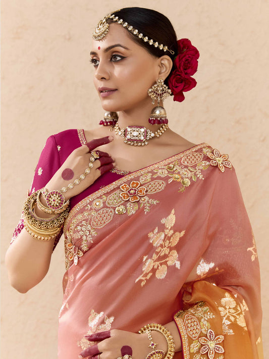 Peach and Pink Fancy Fabric Embroidred Designer Saree