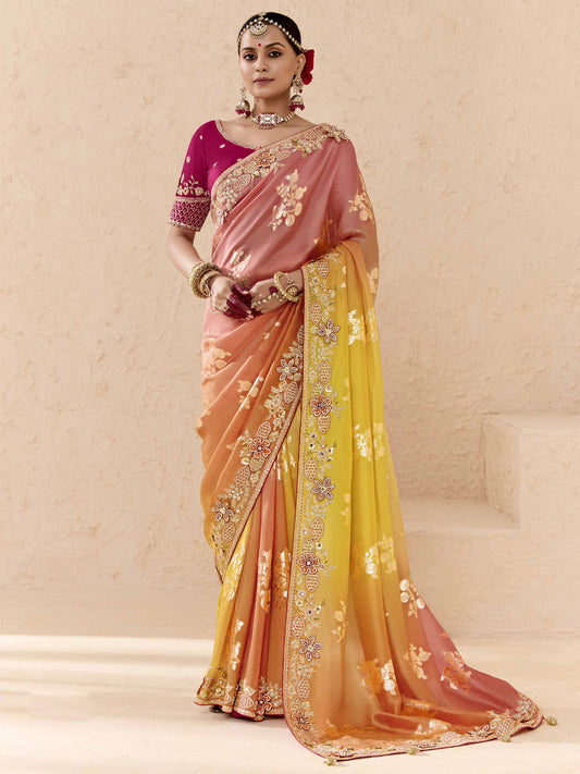 Peach and Pink Fancy Fabric Embroidred Designer Saree