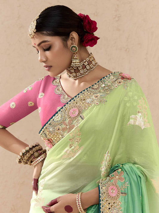 Green and Pink Fancy Fabric Embroidred Designer Saree