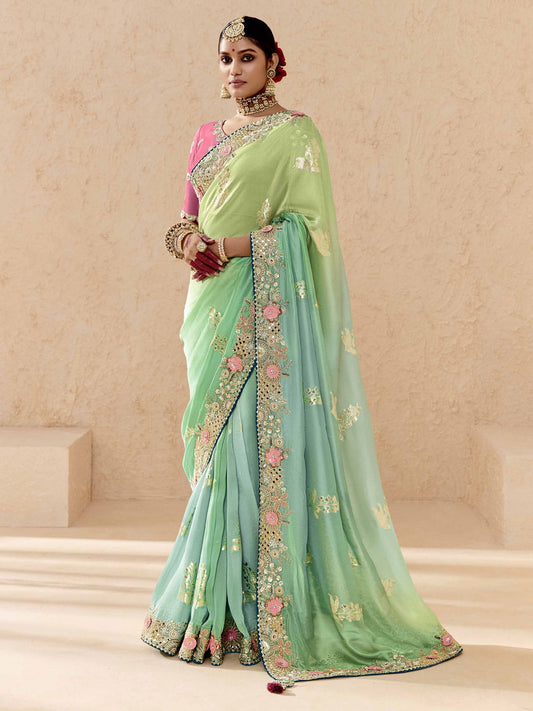 Green and Pink Fancy Fabric Embroidred Designer Saree