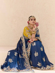 Blue and Mustard Fancy Fabric Embroidred Designer Saree