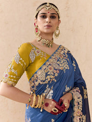 Blue and Mustard Fancy Fabric Embroidred Designer Saree