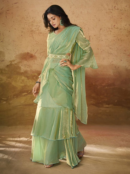 Majestic Pista Color Ruffles Work Organza Ready To Wear Saree With Blouse