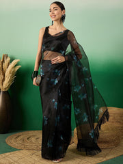 Black Women Floral Digital Printed Saree With Blouse Piece