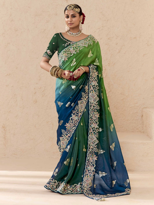 Green and Blue Fancy Fabric Embroidred Designer Saree