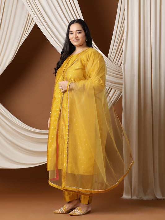 Plus Size Woven Design Straight Kurta With Trousers & Dupatta