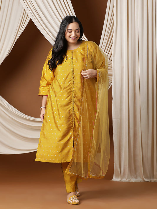 Plus Size Woven Design Straight Kurta With Trousers & Dupatta