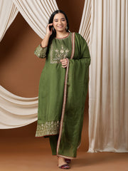 Women Floral Embroidered Regular Mukaish Kurta with Trousers & With Dupatta