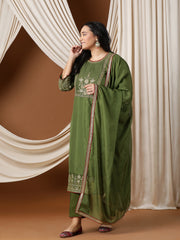 Women Floral Embroidered Regular Mukaish Kurta with Trousers & With Dupatta