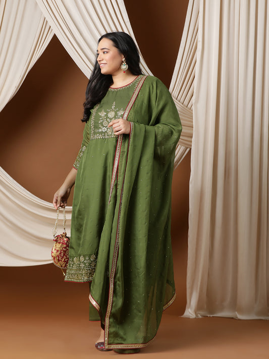 Women Floral Embroidered Regular Mukaish Kurta with Trousers & With Dupatta