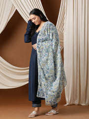 Sweetheart Neck A-Line Kurta & Trousers With Dupatta