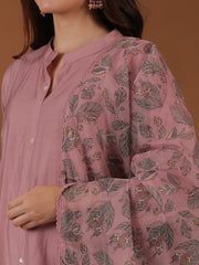 Mandarin Collar A Line Kurta & Trousers With Dupatta