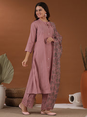 Mandarin Collar A Line Kurta & Trousers With Dupatta