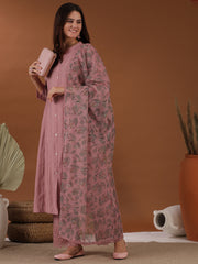 Mandarin Collar A Line Kurta & Trousers With Dupatta