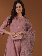 Mandarin Collar A Line Kurta & Trousers With Dupatta