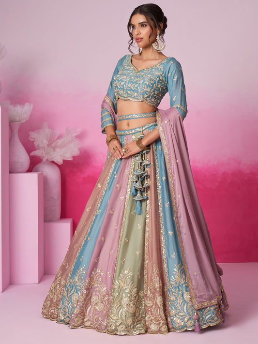 Turquoise Blue & Multi colour Georgette Sequins embroidery Semi-Stitched Lehenga choli & Dupatta