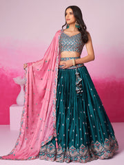 Teal Pure Georgette Sequin embroidery Semi-Stitched Lehenga choli and Dupatta