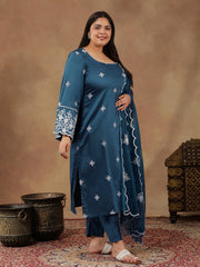 Floral Embroidered Regular Gotta Patti Straight Kurta With Trousers & Dupatta