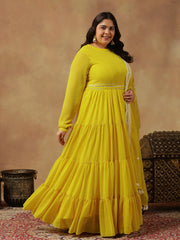 Plus Size Round Neck Georgette Zari Tiered Anarkali Kurta With Dupatta & Belt