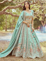 Seagreen Gold crushed Tissue Fabric Moti, Zari work Semi-Stitched Lehenga choli & Dupatta