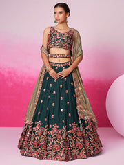 Green colour Chiffon Sequins embroidery Semi-Stitched Lehenga choli and Dupatta