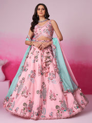 Pink Pure Silk Zarkan, Mirror and heavy Sequin embroidery Semi-Stitched Lehenga choli and Dupatta