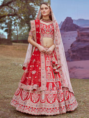 Red Pure silk Moti, Sequins embroidery Semi-Stitched Bridel Lehenga choli & Dupatta