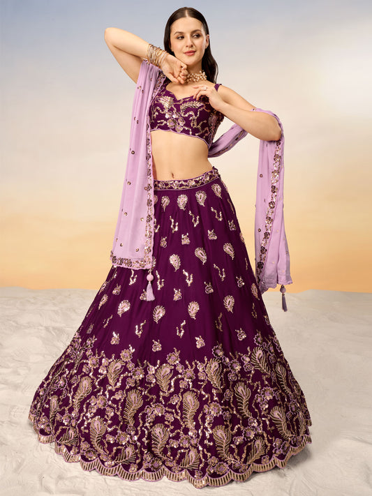 Burgundy Pure Georgette with heavy Sequins embroidery Semi-Stitched Lehenga choli & Dupatta