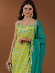 Green Floral Printed Regular Gotta Patti Kurta with Palazzos & Dupatta