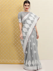 Grey & Silver Paisley Woven Design Rozana Saree