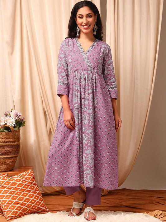 Pink Women Floral Printed Angrakha Thread Work Kurta with Trousers