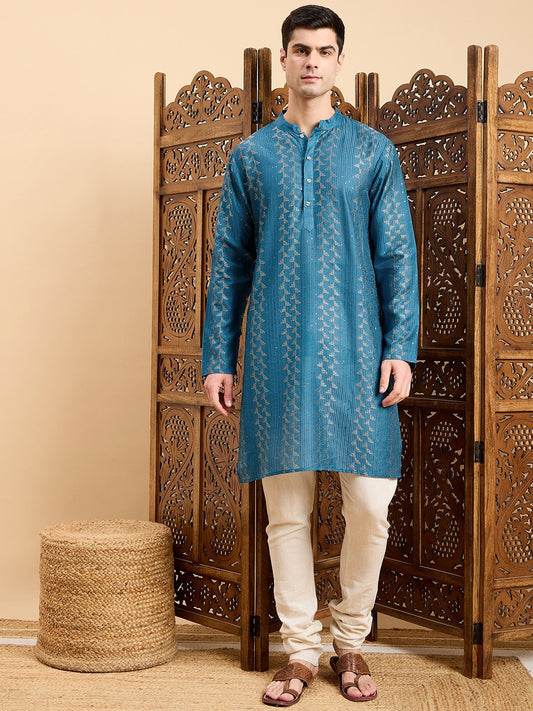 Teal Ethnic Motifs Printed Mandarin Collar A-Line Kurta