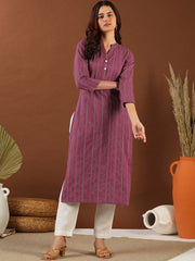 Pink Ethnic Woven Design Mandarin Collar Cotton A-Line Kurta