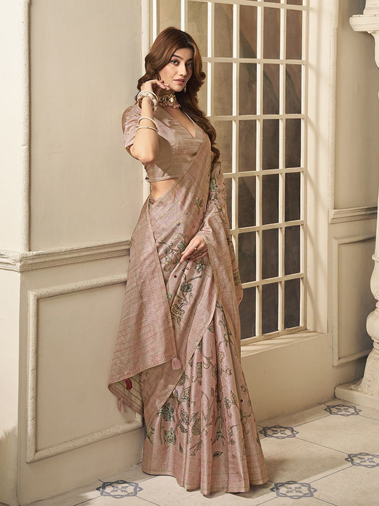 Mauve Ethnic Motifs Embroidered Pure Silk Saree