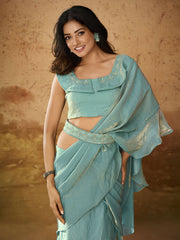Pretty Turquoise Ruffles Work Organza Ready To Wear Saree With Blouse