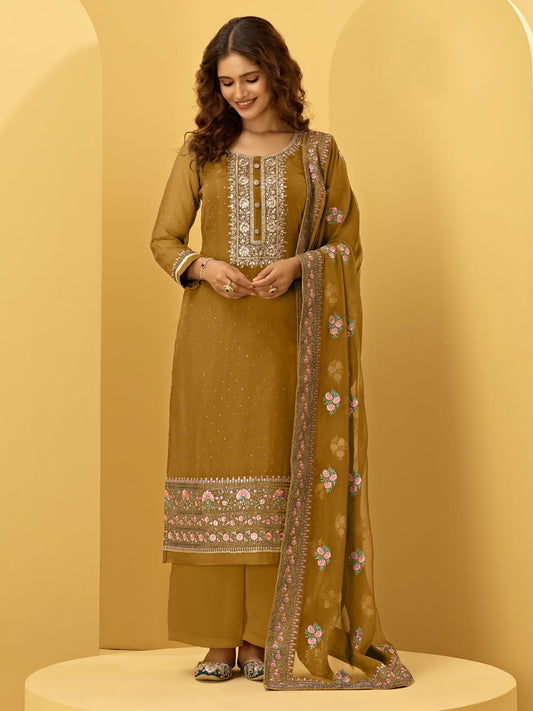 Yellow Embroidered Designer Pant Style Suit