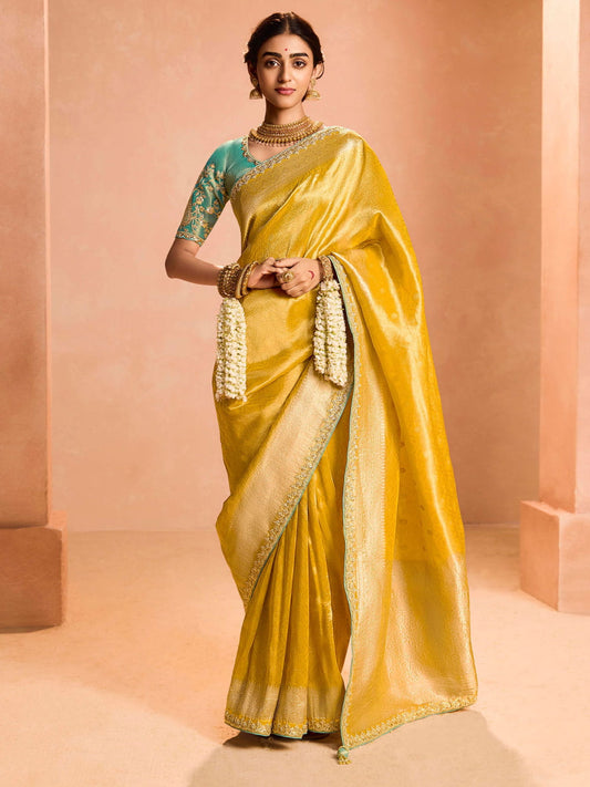 Beautiful Yellow Zari Weaving Silk Haldi Wear Saree With Blouse