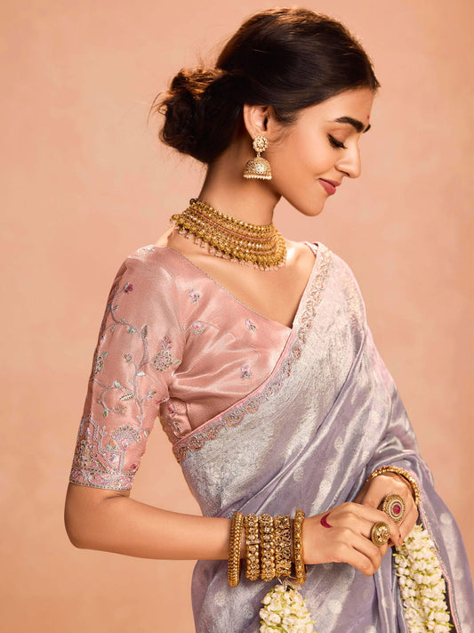 Gorgeous Mauve Zari Weaving Silk Festival Wear Saree With Blouse