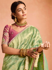 Captivating Green Zari Weaving Silk Event Wear Saree With Blouse