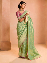 Captivating Green Zari Weaving Silk Event Wear Saree With Blouse