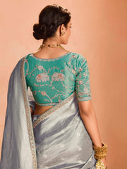 Fascinating Grey Zari Weaving Silk Traditional Saree With Blouse