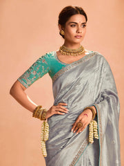 Fascinating Grey Zari Weaving Silk Traditional Saree With Blouse